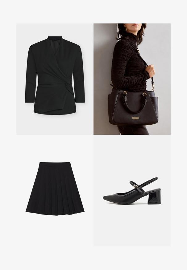 Black wrap top with long sleeves, made from soft fabric. Features a twisted knot detail in the front and a V-neck design.; Black pleated skirt made of textured fabric with a fitted waistband. Falls to knee length, featuring a smooth, clean silhouette.; Black patent leather slingback heels with a pointed toe, a rounded cutout design, and a block heel. Features a gold-tone buckle accent.; Black handbag with textured surface, dual top handles, and adjustable shoulder strap. Features gold-tone hardware and side pockets.