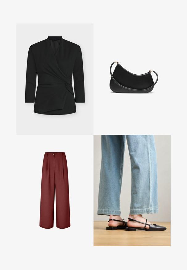 Czarna kopertowa bluzka z długimi rękawami, wykonana z miękkiego materiału. Posiada ozdobę w postaci skręconego węzła z przodu oraz dekolt w kształcie litery V.; Szerokie spodnie w bogatym odcieniu buraczkowym, wykonane z gładkiego materiału. Charakteryzują się paskiem w talii, plisami z przodu oraz pojedynczym zapięciem na guzik.; Czarne skórzane buty na plecaku z zakończeniem w szpic, płaskim obcasem i paskiem na kostce; noszone z jasnoniebieskimi spodniami w szerokie nogawki.; Czarna skórzana torba na ramię o zaokrąglonym designie, z teksturowanym paskiem i złotymi akcentami przy górnym zapięciu. Gładkie wykończenie.; Zestaw kolczyków w kolorze złotym, zawierający różne wzory, w tym klipsy, kółka oraz zwisające elementy z perłami i cyrkoniami.