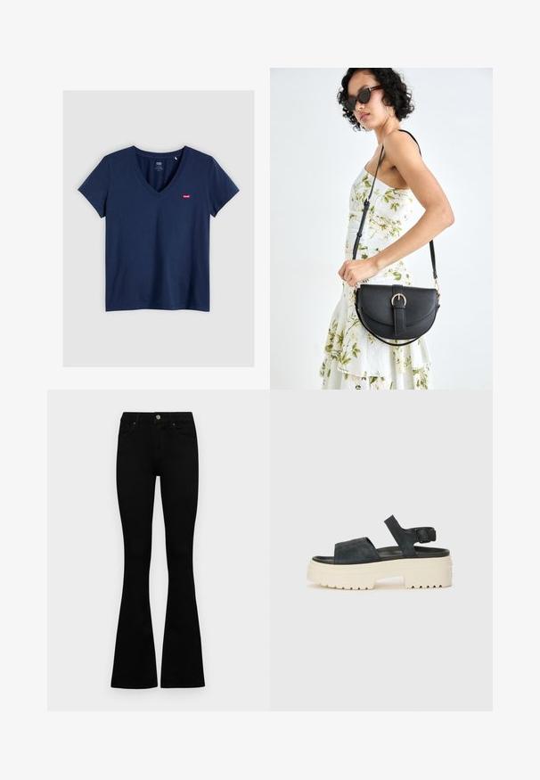 Tumši zilas krāsas V-veida kakla T-krekls, izgatavots no kokvilnas, ar īsām piedurknēm. Uz kreisā krūšu daļas ir maza sarkana branded etiķete. Gluda tekstūra.; Melni augsta jostas šorti ar pogu un rāvējslēdzēju, priekšējām kabatām un izplestām kājām, nolikti uz balta fona.; Melnas zamšādas platformas sandales ar masīvu baltu zoli, plašu priekšējo siksnu un regulējamu potītes sprādzi. Rievojuma zole labākai saķerei.; Melnas ādas rokassoma ar izliekta formu, noņemamu siksnu un zelta aksesuāriem. Somai ir vāciņš ar sprādzes detaļu.