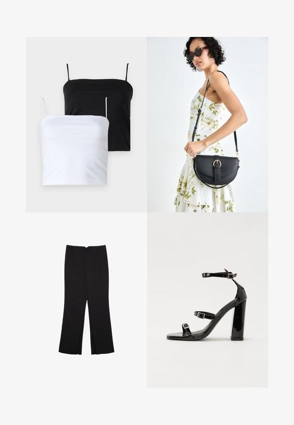 Dva uska majica bez rukava u crnoj i bijeloj boji. Izrađene su od mekog materijala s tankim, podesivim trakama. Glatka tekstura, jednostavan dizajn, bez istaknutih uzoraka.; Crne hlače ravnog kroja, s prednjim džepovima i bočnim prorezima na rubu. Izrađene od mekog i glatkog materijala. Pogodne za razne prigode.; Crne lakirane sandale na pete sa kvadratnim nosom, trakama oko gležnja i srebrnim kopčama. Imaju čvrst blok petu za stabilnost.; Crna kožna torba s lukovitim oblikom, odvojivim remenom i zlatnim detaljima. Torba ima preklop s kopčom.