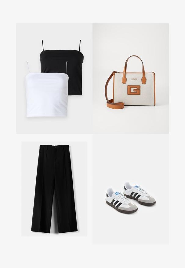 Dwie dopasowane topy na ramiączkach w kolorze czarnym i białym. Wykonane z miękkiego materiału z cienkimi, regulowanymi ramiączkami. Gładka tekstura, prosty design, brak widocznych wzorów.; Czarne spodnie szerokie, wykonane z lekkiego materiału, z zapięciem na guzik z przodu i gładkim przodem, z starannie wykończonymi brzegami.; Buty sportowe z białą skórzaną cholewką, szarym zamszowym noskiem i trzema czarnymi paskami. Posiadają niebieskie logo na języku oraz teksturowaną gumową podeszwę.; Torba w odcieniach brązu i beżu z logo, teksturowana tkanina, dwa uchwyty i odpinany pasek na ramię. Oferuje złote litery oraz charakterystyczny emblemat G.