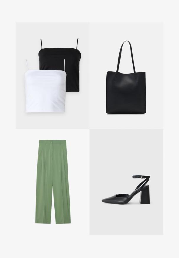 Dve priliehavé tílka v čiernej a bielej farbe. Vyrobené z mäkkej látky s tenkými, nastaviteľnými ramienkami. Hladká textúra, jednoduchý dizajn, bez výrazných vzorov.; Zelené široké nohavice vyrobené z hladkej látky. Obsahujú prešívanie vpredu, jedno zakrytie tlačidla a pútka na opasok.; Čierne kožené lodičky s špicatou špičkou a členkovým remienkom, s masívnym podpätkom. Hladký povrch, elegantný dizajn a minimalistická estetika.; Čierna kožená taška na rameno s hladkým povrchom, obdĺžnikovým tvarom a dvoma dlhými uchami. Bez viditeľného kovania alebo ozdôb.