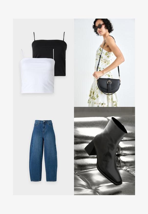 Zwei taillierte Trägershirts in Schwarz und Weiß. Hergestellt aus weichem Stoff mit dünnen, verstellbaren Trägern. Glatte Textur, schlichtes Design, ohne auffällige Muster.; Denimjeans in einer mittleren blauen Waschung, mit hoher Taille, weit geschnittenem Bein und dem typischen fünf Taschen Design mit sichtbaren Nahtdetails.; Schwarzer Knöchelstiefel aus glänzendem Material mit quadratischer Zehenform und verjüngtem Absatz, vor einem glänzenden silbernen gepolsterten Hintergrund.; Schwarze Lederhandtasche mit geschwungener Form, abnehmbarem Tragegurt und goldenen Beschlägen. Die Tasche verfügt über einen Deckel mit einer Schnallen-Details.