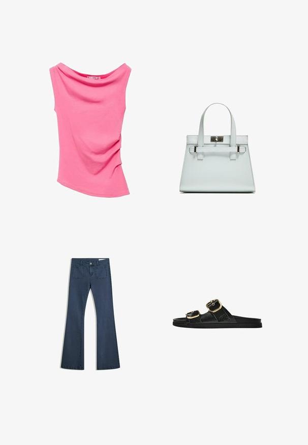 Růžový top bez rukávů s volným výstřihem, hladký bavlněný materiál, detail na stranách s řasením a mírně zakřivený lem.; Tmavě modré rozšířené džíny z denimu s prošitými kapsami, zapínáním na knoflík a hladkým povrchem. Obsahují klasický design s pěti kapsami.; Černé kluzné sandály s dvěma zlatými sponami, hladkým texturovaným materiálem, plochou podrážkou a minimalistickým designem.; Světle modrá kabelka se strukturovaným designem, dvěma držadly a stříbrným kováním. Texturovaný materiál a ostré rohy.