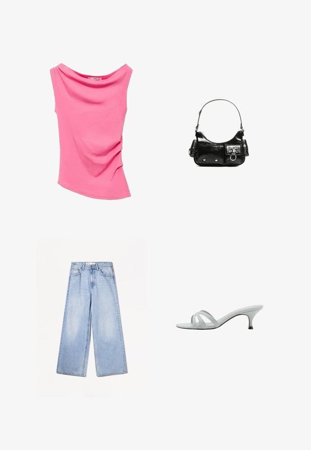 Roza brezrokavnik s spuščeno ovratnikom, gladkim bombažnim materialom, detajlom gubanja na strani in rahlo ukrivljenim robom.; Bershka WIDE-LEG - Široke hlačnice - light-blue denim; Svetlo sivi sandali s petom s tremi ukriženim trakama, vitkim oblikom i suženom petom. Glatka tekstura s lagano sjajnim završetkom.; Črna lakasta usnjena torbica s ukrivljeno obliko, enim ramenskim trakom, sprednjimi žepi in srebrnimi kovinskimi dodatki.