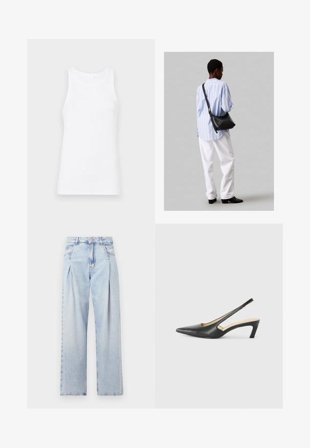 Fehér pamut ujjatlan póló kerek nyakkivágással és széles vállpántokkal. Az anyag sima és testhezálló, látható minták vagy díszítések nélkül.; Világoskék farmernadrág magas derekú, bő szabású, két oldalsó zsebbel és pliszírozott dizájnnal. Puha tapintású, elhalványított felület.; Fekete, hegyes orrú, slingback cipő alacsony sarkával, sima bőrből készült, oldalt kivágott deisgnal a légáteresztőképesség érdekében.; Fekete bőr válltáska puha tapintással, háromszög alakú, állítható pánttal, világoskék csíkos inggel és fehér nadrággal párosítva.