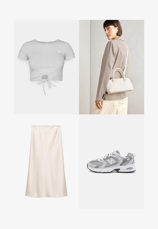 Harmaa ribattu lyhythihainen crop-top, jossa on solmuntai yksityiskohta alaosassa ja pieni kolmiomainen logo vasemmassa rinnassa.; Satiini midi-hame vaaleassa valkoisessa, suora leikkaus, joustava vyötärö, sileä pinta, eikä näkyviä kuvioita tai yksityiskohtia.; Harmaat urheilukengät, joissa on verkkomateriaalia ja mokkanahkaa, valkoiset nauhat ja musta pohja. Ominaisuuksiin kuuluu suuri "N"-logo ja pehmustettu kaulus.; Valkoinen rakenteellinen käsilaukku, jossa on lyhyet kahvat ja olkahihna, varustettu kultaisilla metalliosilla ja tekstuurilla, esillä harmaata taustaa vasten.; Kultainen koru, jossa on sileä pinta ja kohokuvioitu sisäosa. Kappaleessa on leveä, pyöristetty muotoilu, jossa on avoin aukko yhdellä sivulla.