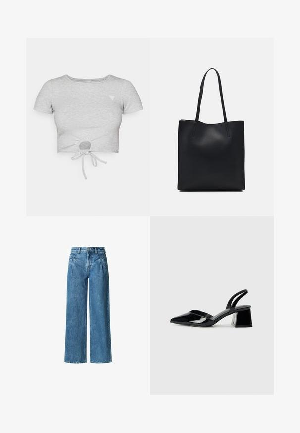 Camiseta corta de rayas en gris con mangas cortas, que presenta un detalle de lazo en la parte inferior y un pequeño logo triangular en el lado izquierdo del pecho.; Jeans de pierna ancha hechos de denim azul claro. Con cintura alta, bolsillos frontales y cierre de botón. Textura suave con áreas deslavadas.; Zapatos de tacón slingback de charol negro con punta afilada y tacón geométrico en bloque. Presentan un diseño elegante y minimalista, así como una textura suave.; Bolso tote de cuero negro con textura lisa, forma rectangular y dos asas largas. Sin herrajes ni adornos visibles.