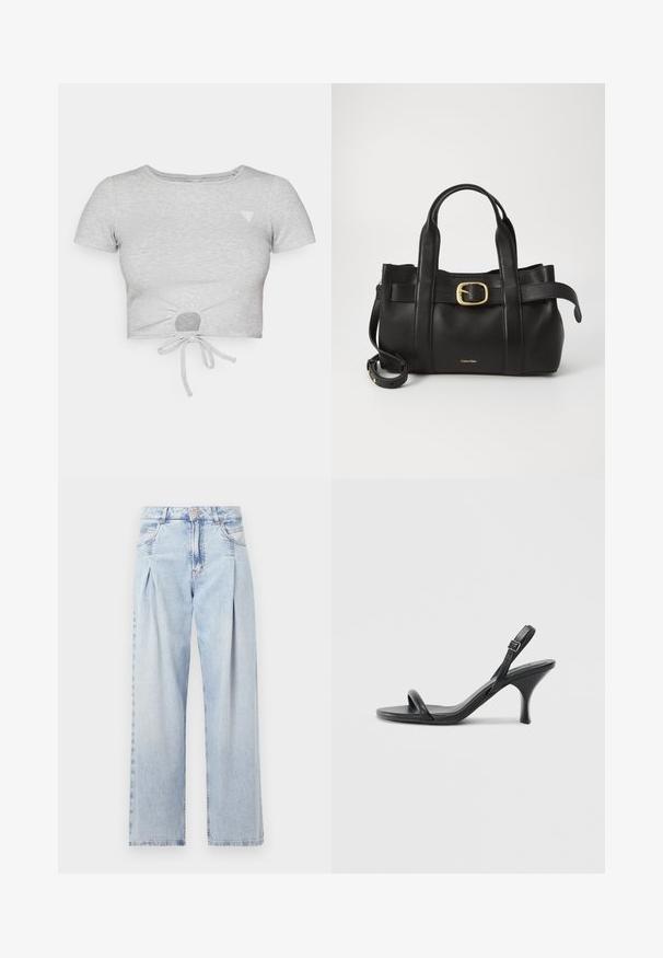 Graues, geripptes, kurzes T-Shirt mit kurzen Ärmeln, das an der Unterseite eine Bindegürtel und ein kleines, dreieckiges Logo auf der linken Brust hat.; Helle blaue Denim-Jeans mit hoher Taille, weitem Beinschnitt, zwei seitlichen Taschen und gefaltetem Design. Weiche Textur mit einem ausgebleichten Finish.; Schwarze Leder-Sandalen mit hohen Absätzen, schlankem, gebogenem Absatz und gekreuztem Riemendesign. Verstellbarer Knöchelriemen. Glatte Textur.; Schwarze Lederhandtasche mit strukturiertem Design, doppelten oberen Griffen, goldfarbenem Schnallenakzent und geprägtem Markenlogo auf der Vorderseite.