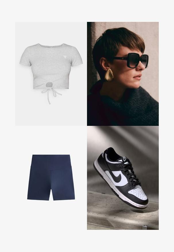 Sivý rebrovaný skrátený tričko s krátkymi rukávmi, s viazacou detalou na spodnej časti a malým trojuholníkovým logom na ľavej hrudi.; Námornícke modré športové šortky vyrobené z hladkej, ľahkej tkaniny. Priliehavý strih s vysokým pásom. Žiadne viditeľné vzory ani kovové prvky.; Čierno-biele tenisky Nike Dunk Low s koženým zvrškom, perforovanou špičkou a čiernymi šnúrkami, so bielou podrážkou a logovými akcentmi.; Čierne nadmerné slnečné okuliare s tmavými šošovkami a zlatými kovovými doplnkami, v kombinácii s veľkým, lesklým zlatým náušnicami vo forme kvapky. Tmavý textúrovaný šál.
