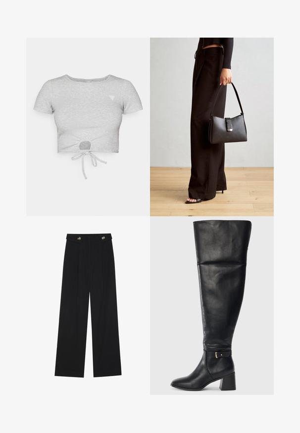 Hallide ribakeelne lühikeste varrukatega või särk, mille allosas on sidumisdetail ja vasakul rinnal väike kolmnurkne logo.; Mustad laiad püksid kõrge vöökoha ja nööpdetailidega vööandil, esikortsudega.; Mustade põlve kõrged nahast saapad, millel on plokknõel ja dekoratiivne rihm koos kulla värvi lukuga üle pahkluu, külgvaade valgel taustal.; Must musta kott, millel on struktureeritud kuju, sile tekstuur ja metallist klamber. Kombineeritud laiate mustade pükstega ja avatud varvaste sandaalidega puidust põrandal.