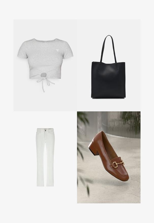 Pelēka ribota īsā krekla ar īsām piedurknēm, ar izvērstu detaļu apakšā un mazu trīsstūrveida logotipu kreisajā krūtī.; Balti džinsi ar slim fit piegriezumu, 5 kabatu dizainu un kontrastējošu šuvju. Iespēju klāstā ir pogu aizdare un smalka zīmola etiķete uz jostas.; Brūni lakoti ādas loaferi ar kvadrātu purngalu, metālisku ķēdes akcentu un zemu blokveida papēdi; gluda tekstūra, minimālisma dizains.; Melnas ādas somiņa ar gludu tekstūru, taisnstūra formu un divām garām rokturiem. Nav redzamu aparatūras vai rotājumu.