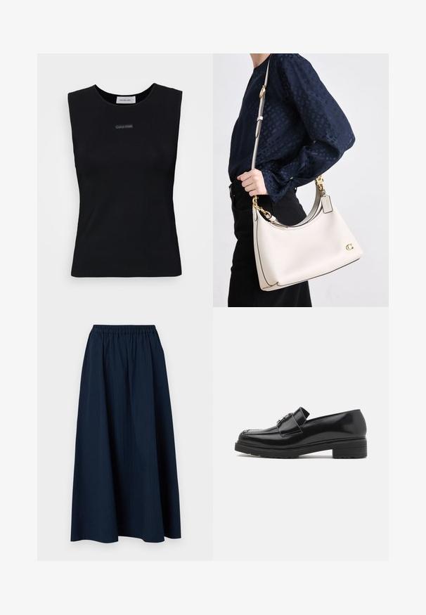 Black sleeveless top made of smooth fabric. Features a round neckline and a small Calvin Klein logo in the center. Simple and fitted design.; Navy blue, full-length skirt made from textured fabric with an elastic waistband and subtle vertical stripes.; Black polished leather loafer with low block heel, stitched toe, and metal buckle detail on upper, shown in side profile on white background.; A beige leather handbag with dark trim, a curved silhouette, gold hardware, and a detachable strap, held at the side against a dark outfit.