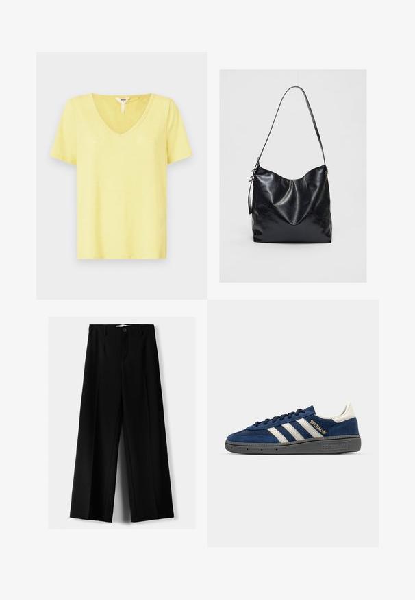 Gelbes V-Ausschnitt-T-Shirt aus weichem Material mit kurzen Ärmeln, entspannter Passform und minimalen Nähten am Kragen.; Schwarze weite Hosen aus leichtem Stoff, mit einem Knopfverschluss vorne und flachem Bund, mit sorgfältig genähten Säumen.; Marineblaue Wildleder-Sneaker mit weißen Streifen, goldenen "Spezial"-Details, grauer strukturierter Sohle, abgerundetem Zehenbereich und passenden Schnürsenkeln. Klassisches Design.; Schwarze Leder-Schultertasche mit einer weichen, strukturierten Oberfläche. Sie hat ein geschwungenes Design und einen einzelnen verstellbaren Tragegurt. Kein zusätzliches Zubehör.