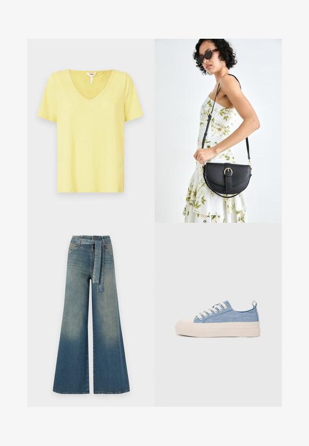 T-shirt jaune à col en V, fabriqué en tissu doux avec des manches courtes, présentant une coupe décontractée et un détail de couture minimal au niveau de l'encolure.; Pantalons en denim à jambe large présentant un dégradé de bleu clair à bleu foncé, taille haute, passants de ceinture et une ceinture en tissu assortie. Finition en denim texturé.; Baskets en toile bleu clair avec une coque en caoutchouc crème et une semelle extérieure, dotées de lacets blancs et d'une languette au talon.; Sac à main en cuir noir avec une forme courbée, bandoulière amovible et des accessoires en or. Le sac est doté d'un rabat avec un détail de boucle.