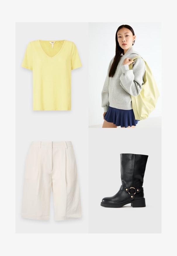 Tricou galben cu decolteu în V, realizat dintr-un material moale, cu mâneci scurte, având un croi lejer și detalii minime de coasere la guler.; Shorts din in cu fir alb, cu un design tailored, față pliată și deschideri largi pentru picioare. Textură netedă și lungime până la mijlocul coapsei.; Botă de piele neagră până la jumătatea gambei, cu toc masiv și curea decorativă ce prezintă o cataramă circulară aurie, pe un fundal alb.; Hanorac oversized gri cu buzunar tip kangaroo, asociat cu o fustă albă cu volane de culoare bleumarin. Accesoriu: rucsac mare de un galben deschis, cu textură netedă.