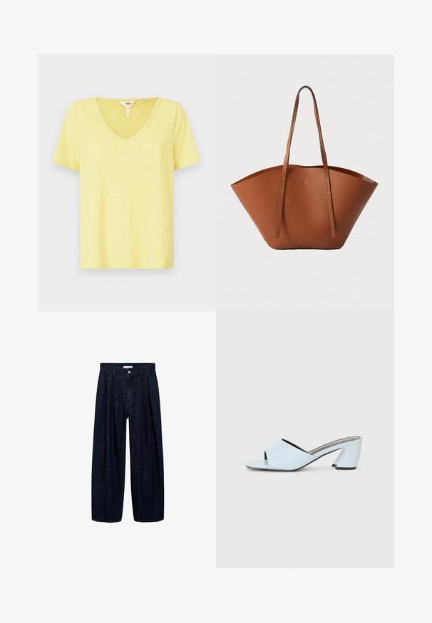 Žuta V-neck majica od mekog materijala s kratkim rukavima, koja ima opušteni kroj i minimalne šavove na izrezu.; Tamno plave široke hlače s plisama na struku, s prednji gumbom i petljama za remen. Glatka tekstura i dizajn punih dužina.; Svijetloplave sandale na visoku petu s otvorenim prstima, s geometrijskim dizajnom, koje imaju široku traku preko stopala i debelu, kutnu petu.; Smeđa kožna torba za nošenje s širokim, strukturiranim oblikom, tankim ručkama i teksturiranom površinom. Ima minimalistički dizajn bez vidljivih dijelova metalne opreme.