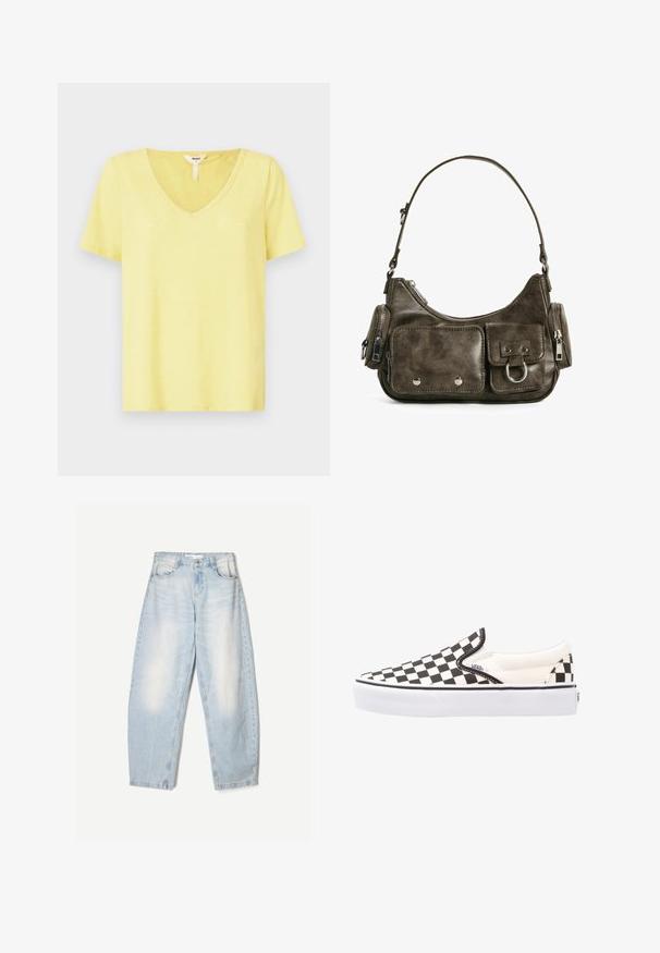 Geel V-hals T-shirt gemaakt van zacht materiaal met korte mouwen, voorzien van een ontspannen pasvorm en minimale stikdetails bij de halslijn.; Lichtblauwe denim jeans met een losse pasvorm, voorzien van een vervaagde afwerking, twee voorzakken en een knoopsluiting bij de taille.; Zwart-wit geblokte slip-on Vans schoenen met een canvas bovenwerk, rubberen buitenzool en gewatteerde kraag. Vlakke, ronde neus met witte zoolaccenten.; Donkergroene leren handtas met een gebogen vorm, met ritszakken en een voorflapzak. Voorzien van zilveren hardware en een gestructureerde afwerking.