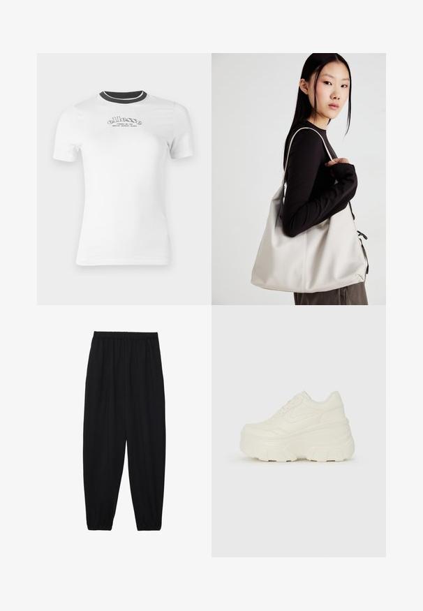 Baltas trumpas rankovės marškinėliai su juodu raukšlėtu apykaklės kraštu. Širdyje puikuojasi „ellesse“ logotipas juodu skaitiniu. Minkšta medvilnės medžiaga.; Juodi, lengvi kelnių su elastinga juosmens juosta ir surinktais kulkšniais. Audinys yra lygus ir turi atsipalaidavusį, siaurėjantį dizainą.; Baltos platformos sportbačiai su lygiu odos primenančiu paviršiumi, apvalia forma, paminkštintu apykakle ir tekstūruotu guminiu padu su ryškiais protektoriais.; Bežinė rankinė, pagaminta iš minkštos medžiagos, turinti laisvą dizainą, siuvinėtas detalės ir dvi petnešos. Tinkama kasdieniam naudojimui.