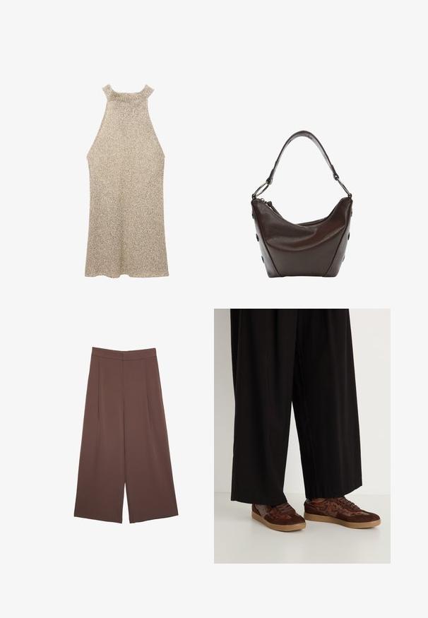 Knit halter dress in beige with a textured finish. Features a high neckline and sleeveless design, flaring gently towards the hem.; Ruskeat leveälahkeiset housut, joissa on sileä pinta, korkea vyötärö ja etupleat. Kangas on kevyttä ja laskeutuu väljänä.; Ruskeat urheilukengät, joissa on sekoitettu materiaalisuunnittelu, mukana samettia ja käärmeennahkakuviota. Pyöreä kärki, nauhakiinnitys ja teksturoidut kumipohjat.; Tumma ruskea nahkalaukku, jossa on kaareva muoto, vetoketjusuljenta ja lyhyt kahva. Varustettu metalliosilla ja koristeellisilla mustilla nappuloilla sivuilla.