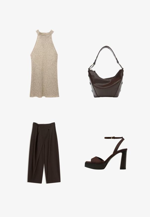 Bežové pletené šaty na ramínkách s texturovaným povrchem. Mají vysoký výstřih a bezrukávový design, který se jemně rozšiřuje směrem k lemu.; Tmavě hnědé široké kalhoty s vysokým pasem, vybavené jedním tlačítkem na zapínání a plisovaným předním dílem. Vyrobené z lehkého materiálu.; Hnědé semišové sandály na vysokém podpatku s otevřenou špičkou, nastavitelným páskem kolem kotníku a proužkovou platformou.; Tmavě hnědá kožená kabelka s oblým tvarem, na zip a s krátkým uchopovacím držadlem. Obsahuje kovové detaily a dekorativní černé knoflíky po stranách.