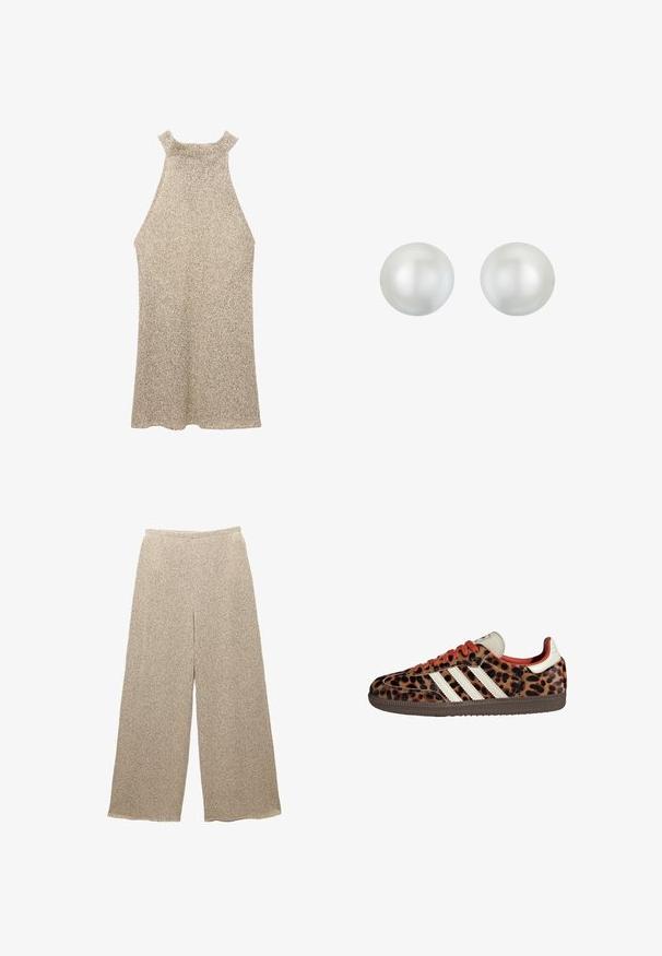 Strick-Halterkleid in Beige mit strukturiertem Finish. Verfügt über einen hohen Ausschnitt und ärmelloses Design, das sanft bis zum Saum ausläuft.; Beige Palazzo-Hosen aus strukturiertem Stoff mit einem dezenten Muster. Sie verfügen über einen entspannten Bund und eine lockere Passform, die Komfort und Bequemlichkeit bietet.; Sneaker im Leopardenmuster aus Wildleder mit roten Schnürsenkeln und drei weißen Streifen an der Seite. Sie haben eine cremefarbene Zunge und eine braune Sohle.; Runde, weiße Perlenohrringe mit einer glatten, glänzenden Oberfläche. Jede Perle weist einen subtilen Schimmer und eine einheitliche Form auf, die sich ideal für formelle Anlässe eignet.