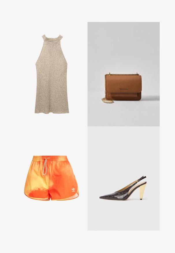 Bežové pletené šaty na ramínkách s texturovaným povrchem. Mají vysoký výstřih a bezrukávový design, který se jemně rozšiřuje směrem k lemu.; Plavky s oranžovo-žlutým gradientem a elastickým pasem, vyrobené z lehkého materiálu. Na levé noze je jemné logo.; Slinbková podpatková obuv s špičatou špičkou v tmavě hnědé lesklé umělé krokodýlí kůži. Obsahuje zlatý geometrický podpatek a nastavitelný páskový pásek kolem kotníku.; Hnědá texturovaná kožená kabelka přes rameno se zlatým řetízkovým popruhem a klopnovým uzavíráním. Přední strana obsahuje detail loga a kapsu pod klopou.