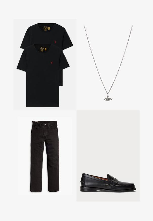 Czarne bawełniane t-shirty z okrągłym dekoltem w zestawie dwóch sztuk, z małym, czerwonym haftowanym logo na piersi. Niestandardowy, dopasowany krój.; Czarne dżinsy proste z pięcioma kieszeniami, zapięciem na guzik i paskiem, rozłożone na białym tle.; Czarne skórzane mokasyny z okrągłym czubkiem, przeszyciami na detalach oraz ozdobnym paskiem z przodu. Płaska podeszwa o minimalistycznym profilu.; Srebrny naszyjnik z łańcuchem z ozdobnym wisiorkiem w kształcie planety, zdobionym małymi akcentami i skomplikowanymi wzorami.