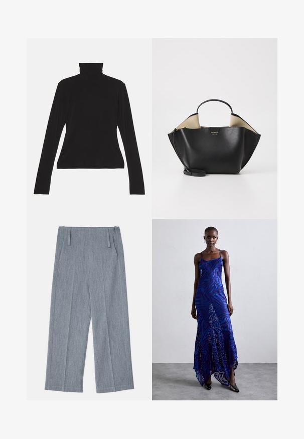 Norma Kamali SLIM FIT LONG SLEEVE TURTLE - Maglietta a manica lunga - black; Pantaloni larghi grigio chiaro realizzati in tessuto testurizzato, con due pieghe frontali e due tasche laterali. Design pulito e sartoriale.; Abito maxi con stampa animale blu e viola, con spalline sottili, corpetto aderente, orlo svasato e dettagli in overlay trasparente.; Ree Projects ANN TOTE MINI - Borsa a mano - black