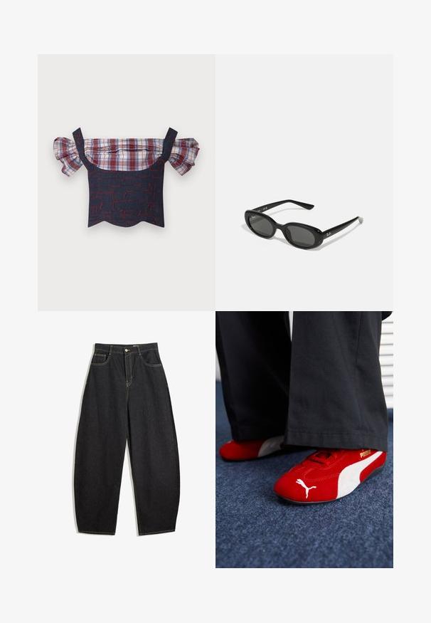 Denim bluzica s otpuštenim ramenima s pufastim kariranim rukavima, s tijelom u crvenoj i plavoj boji te rebrastim rubom. Uključene su podesive naramenice.; Crne traperice širokih nogavica s visokim strukom, s žutim šavovima, dva prednja džepa i jednim zatvaranjem na dugme.; Crvene od nubuka tenisice s bijelim detaljima, sa teksturiranim materijalom, okruglim vrhom i zlatnim logom sa strane, nosi se s crnim hlačama.; Crne sunčane naočale s ovalnim lećama, sjajnim plastičnim okvirom i tankim krakovima. Značajka je Ray-Ban logo u bijeloj boji s strane.; Crna kožna torba s pletenim ručkama, teksturiranom površinom, prednjim džepom na patentni zatvarač i dekorativnim resicama. Kompaktna i strukturirana forma.
