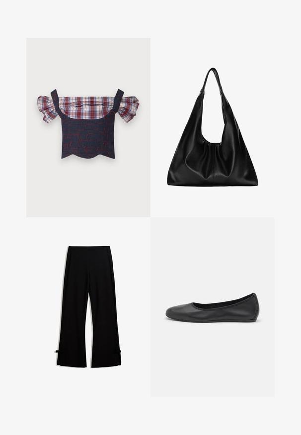 Farmer off-shoulder felső puffos kockás ujjal, piros és kék mintázattal ellátott testtel és hullámos szegéllyel. Állítható pántokkal rendelkezik.; Fekete, bő szárú nadrág puha anyagból, oldalán, a szegélyen masnival rögzített részekkel, amelyek további részletességet adnak.; Fekete bőr balettcipő lekerekített orral, sima tekstúrával, minimális varrással és rugalmas talp kialakítással.; Fekete bőr hobo táska, amely lágy, ívelt formájú. Széles felső fogantyúval rendelkezik, és az alján gyűrődésekkel bír, ami laza textúrát ad neki.