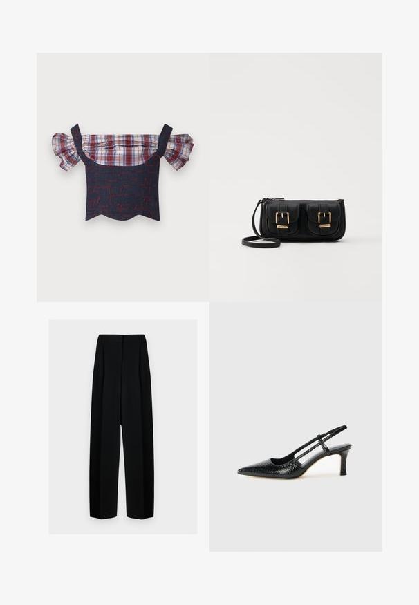 Top de ganga com ombros à mostra e mangas xadrez volumosas, apresentando um corpo com padrão vermelho e azul e uma bainha em forma de onda. Inclui alças ajustáveis.; Calças largas pretas com uma cintura alta, apresentando pregas e uma textura suave. O tecido parece leve e cai elegantemente.; Salto slingback em patente preta com bico apontado, apresentando um padrão de pele de cobra texturizado, tira ajustável e um salto bloco curto e texturizado.; Bolsa de ombro em couro preto com dois bolsos frontais, fivelas douradas, fecho de zíper e uma alça fina. Superfície texturizada e forma retangular compacta.