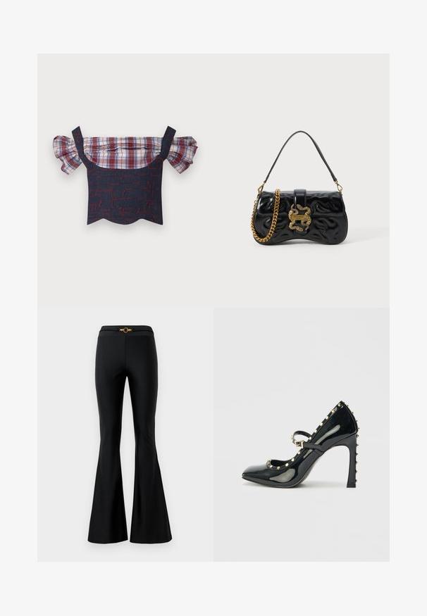 Denim tops ar pleciem, kas ir nolikti uz pleca, ar pūkainiem svītrainiem piedurknēm, ar sarkanu un zilu rakstu ķermeni un viļņotu apakšu. Iekļautas regulējamas siksnas.; Melnas platas bikses ar gludu tekstūru, ar pieguļošām jostām un zelta apaļu akcentu priekšpusē. Izgatavotas no elastīga materiāla.; Melnas lakotas ādas augstpapēžu kurpes ar smailu purngalu, potītes siksniņu un zeltainiem dekoratīviem nagiem gar malu.; Melna mākslīgās ādas rokas soma ar uzspiestu viļņu rakstu, zelta tonis ķēdes siksna un dekoratīvs čūskas formas aizdares elements ar logotipu.