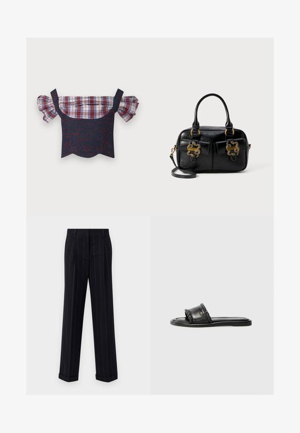 Denim tops ar pleciem, kas ir nolikti uz pleca, ar pūkainiem svītrainiem piedurknēm, ar sarkanu un zilu rakstu ķermeni un viļņotu apakšu. Iekļautas regulējamas siksnas.; Melnas pinstrīpu bikses ar pielāgotu piegriezumu, ar apgāztu apakšmalu un priekšējām kroku detaļām. Izgatavotas no gludas auduma ar struktūrētu dizainu.; Melnas ādas sandalītes ar austiem siksnu elementiem, plakana zole un elegants dizains. Gluda tekstūra un minimālistisks profils.; Melna faktūras ādas rokassoma ar divām augšējām rokturiem, divām priekšējām kabatām un zelta aparatūras akcentiem. Iekļauj noņemamu plecu siksnu.