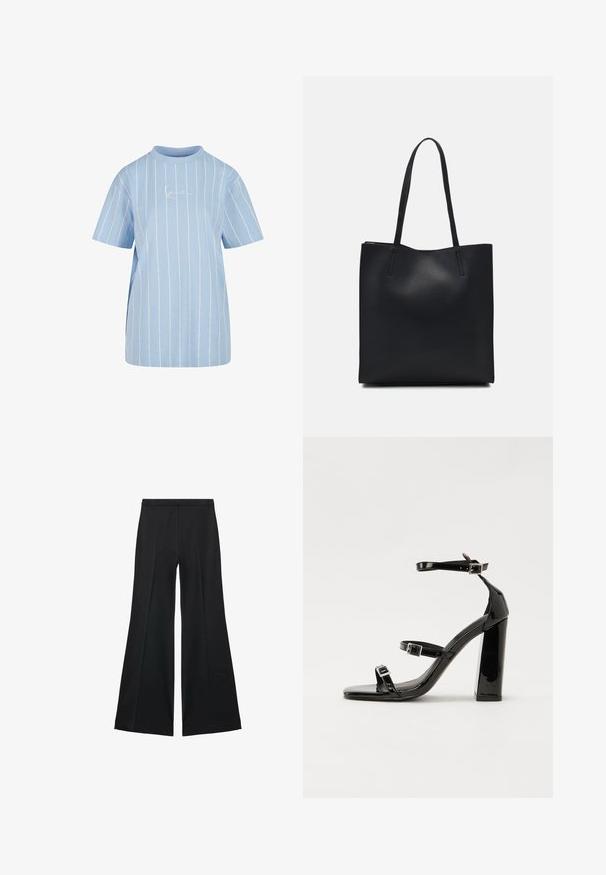 Helles blaues T-Shirt mit horizontalen weißen Streifen, kurzen Ärmeln, einem hohen Halsauschnitt und einem dezenten gestickten Logo auf der Vorderseite.; Schwarze weit geschnittene Hose mit glatter Textur, ausgestattet mit Frontfalten und einem taillierten Design. Der Stoff ist leicht und fließend.; Schwarze patentierte Sandalen mit Absatz, quadratischer Spitze, Knöchelriemen und silbernen Schnallen. Mit einem stabilen Blockabsatz für mehr Stabilität.; Schwarze Laptoptasche aus Leder mit glatter Textur, rechteckiger Form und zwei langen Griffen. Keine sichtbaren Beschläge oder Verzierungen.