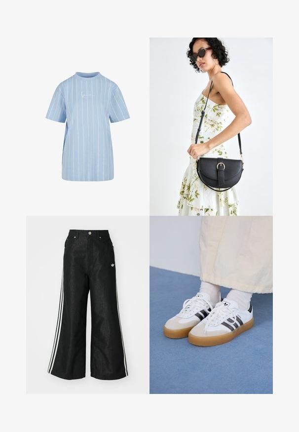 Lichtblauw T-shirt met horizontale witte strepen, korte mouwen, een hoge halslijn en een subtiel geborduurd logo op de voorkant.; Zwarte denim broek met wijde pijpen, voorzien van drie witte strepen aan elke zijkant en een klein wit logo. Heeft voorzakken en een knoopsluiting.; Witte sneakers met zwarte strepen en beige suède accenten. Voorzien van een gestructureerde gumzool en platte witte veters, gedragen met lichtgekleurde sokken.; Zwarte leren handtas met een gebogen vorm, afneembare schouderband en gouden hardware. De tas heeft een klep met een gespsluiting.