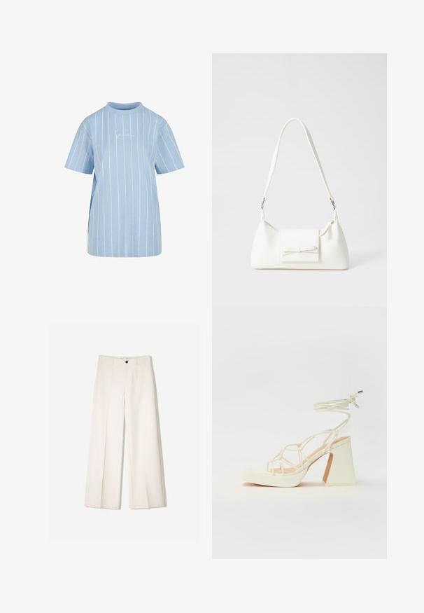 Világoskék póló vízszintes fehér csíkokkal, rövid ujjakkal, magas nyakkal, és egy diszkrét hímzett logóval az elején.; Tejbézs széles lábú nadrág, szabott kialakítással, két elülső zsebbel és egyetlen elülső gombos záródással, sima anyagból készült.; Fehér, magassarkú szandál vastag sarokkal, pántos dizájnnal és bokapánttal. Sima textúra, elülső platformmal a megnövelt magasság érdekében.; Fehér szintetikus kézitáska, háromszög alakú, lapos előlap, masni részlettel, állítható pánttal, sima textúrával és minimalista dizájnnal.