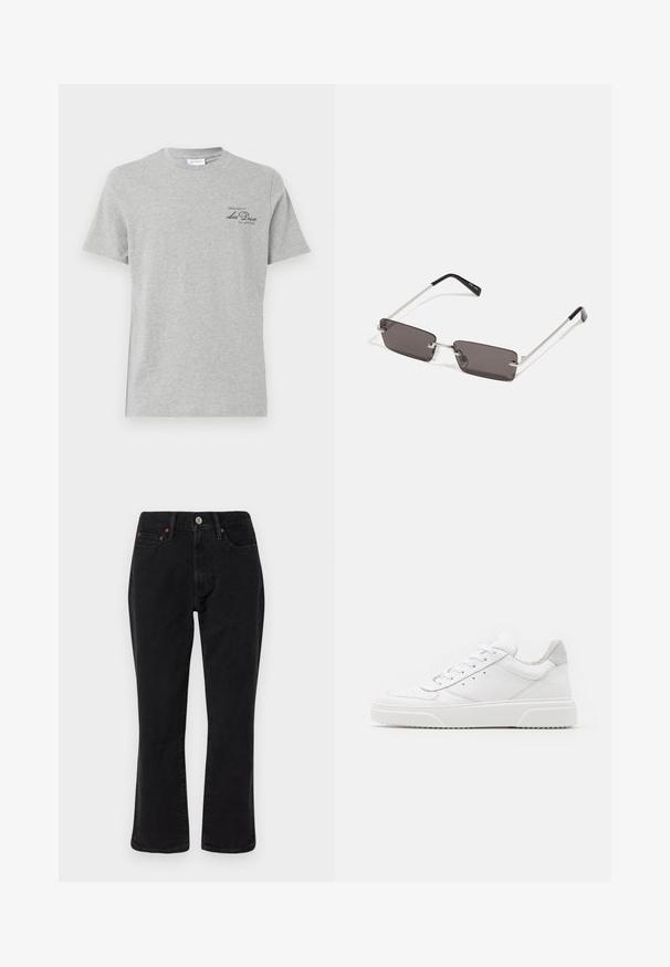 Harmaa puuvillapaita, jossa on pyöreä kaula-aukko, lyhyet hihat ja pieni musta painettu logo vasemmalla edessä. Pehmeä materiaali ja normaali istuvuus.; Musta farkkushortit, joissa on suora lahkeiden muotoilu, viisi taskua ja metalliset yksityiskohdat kupariakkenteilla. Tasainen pinta ja keskipitkä vyötärö.; Valkoiset nahkakengät, joissa on sileä pinta, pyöreä kärki, litteät nauhat ja teksturoitu pohja. Harmaa mokkanahka korostaa kantapäätä.; Aurinkolasit, joissa on suorakulmaiset, tummanharmaat linssit, hopeiset metallikehykset ja mustat muoviset päät. Kevyt muotoilu nenätyynyillä.