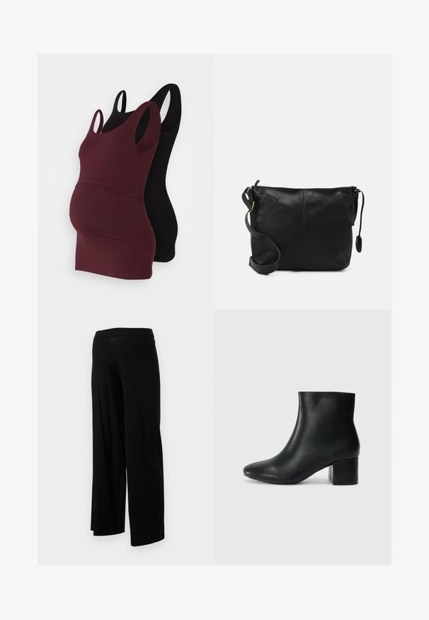 To gravide topper: en i bourgunderfarge og en i svart. Begge har brede stropper, en tettsittende design og er laget av myk bomull.; Sorte vide benbukser med elastisk liv og en glat, strækbar tekstur. Har et enkelt design, uten mønstre eller dekorelementer.; Sorte skinn ankelsko med spiss tå og chunky hæl. Glatt tekstur med minimale detaljer og et elegant, tettsittende design.; Svart skinn crossover-veske med flat form, gullfarge detaljer og justerbar stropp. Glatt tekstur med minimale sømmer.