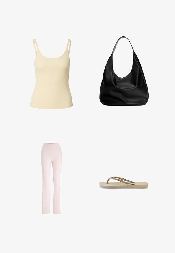 Hellbeige, geripptes Tanktop mit dünnen Trägern und Rundhalsausschnitt, das eine figurbetonte Silhouette und eine glatte Textur aufweist.; Helle rosa, ausgestellte Hosen aus weichem, dehnbarem Material mit hoher Taille und ohne sichtbare Muster oder Beschläge.; Helle beige Flip-Flops mit strukturiertem Fußbett, flacher Sohle und dünnen, glänzenden Riemen. Mit subtiler Markenkennzeichnung auf dem Riemen.; Schwarze Leder-Hobo-Tasche mit einem lässigen Design, breitem Schultergurt und glatter Textur. Verfügt über einen seitlichen Reißverschluss.