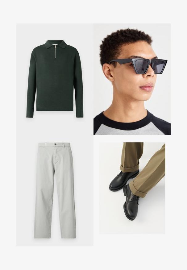Tmavozelená polokošeľa s dlhým rukávom, golierom a polozipsovým predným zapínaním. Vyrobená z mäkkého materiálu s hladkou textúrou.; Svetlošedé nohavice s rovnými nohavicami vyrobené z hladkej tkaniny. Majú predné zapínanie na gombík a bočné vrecká. Minimalistický štýl.; Čierne kožené vychádzkové topánky s hladkým povrchom, s šnúrkami a zaoblenou špicou, skombinované s vyhrňovaný khaki nohavicami.; Čierne uhlové slnečné okuliare s tmavými šošovkami, ktoré majú odvážny geometrický dizajn a matný povrch. Nosené osobou s krátkymi vlasmi.; Biely perlový náhrdelník s rovnomerným guľatým tvarom, hladkým povrchom a kovovým zapínaním s predlžovacím reťazcom na nastaviteľnú dĺžku.