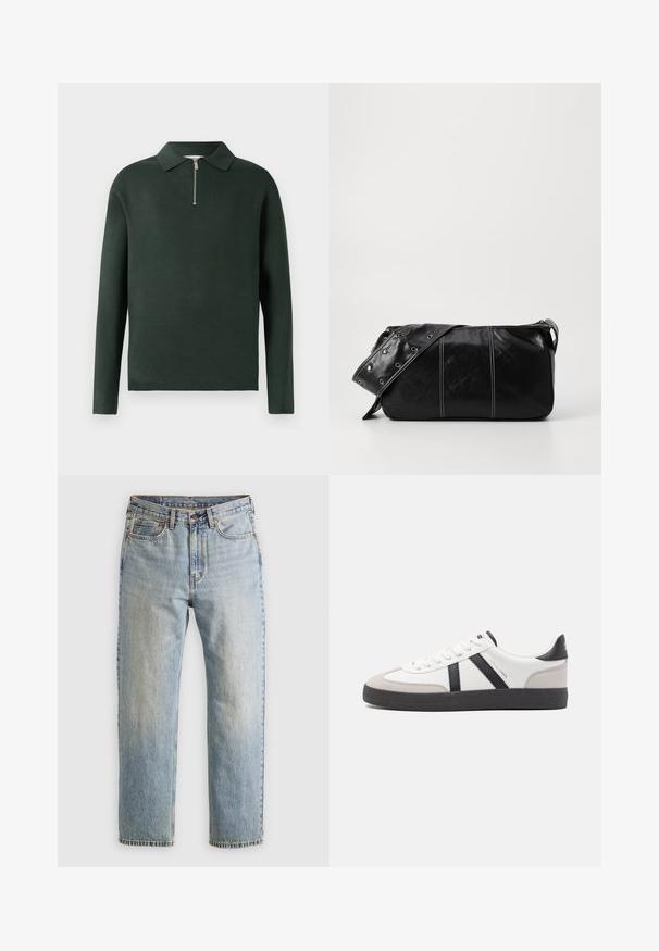 Donkergroen polo met lange mouwen en een kraag, voorzien van een halve rits aan de voorkant. Gemaakt van een zachte stof met een gladde textuur.; Lichtblauwe denim jeans met hoge taille, frontknop, rits en vijfzakkenontwerp, plat gelegd op een neutrale achtergrond.; Witte sneaker met zwarte en grijze accenten, voorzien van een grijze neus met textuur, zwarte rubberen zool en platte witte veters. Schoon ontwerp, minimalistische stijl.; Zwarte leren schoudertas met een ritsluiting, voorzien van een gestructureerd lichaam, witte stiksels en een band met zilveren oogjes.