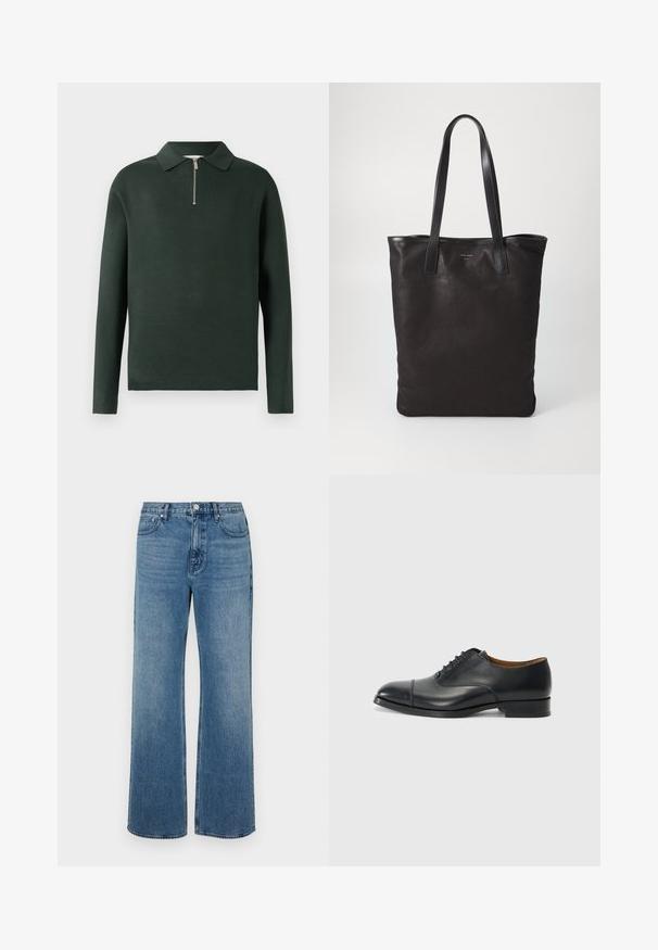 Tumši zaļš polo krekls ar garām piedurknēm, apkakli un pusē ieplīsu priekšu. Izgatavots no mīksta materiāla ar gludu tekstūru.; Platās kājas zilo džinsu bikses izgatavotas no zila auduma ar izbalējušu apdari. Tām ir piecas kabatas, priekšējais pogu aizdare un taisna piegriezuma forma.; Melna ādas kleitkurpe ar gludu virsmu, noapaļota purngala, piecām acīm šņorēšanai un zemu bloku papēdi. Minimalistisks dizains ar smalku adījumu.; Melnas auduma iepirkumu soma ar melnām ādas rokturiem. Vienkāršs dizains, plaša forma un gluda tekstūra. Nav redzamu logo vai rakstu.
