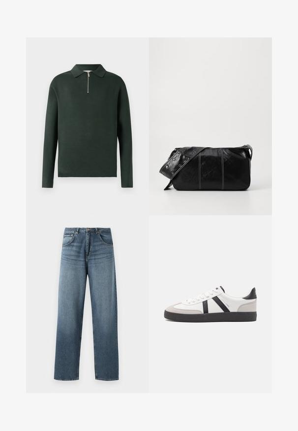 Dark green long-sleeve polo shirt with a collar and a half-zip front. Made of a soft material with a smooth texture.; Straight-leg blue denim jeans with a faded wash, featuring five-pocket design, metal button, and belt loops. Structured, medium-weight fabric.; White sneaker with black and gray accents, featuring a textured gray toe cap, black rubber sole, and flat white laces. Clean design, minimalist style.; Black leather shoulder bag with a zip closure, featuring a textured body, white stitching, and a strap with silver grommets.