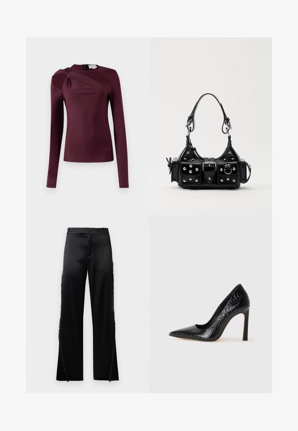 Hosszú ujjú felső mély burgundi színben, csavart dizájnnal a vállon és hátsó cipzárral. Simább, rugalmas anyag, amely testhezálló fazont biztosít.; Fekete selyem nadrág, széles szárakkal, oldalsó varrásain frufru részletekkel és lapos elülső derékrészes. Egyszerű hátul zsebek nélkül.; Fekete hegyes orrú magassarkú cipő krokodilbőr textúrával, letisztult dizájnnal, magas tűsarkú és sima fekete belső résszel.; Fekete bőr kézitáska ívelt designnal, ezüst szegecsekkel, csattal és két oldalsó zsebbel. Állítható vállpánt a hordozási lehetőségekhez.
