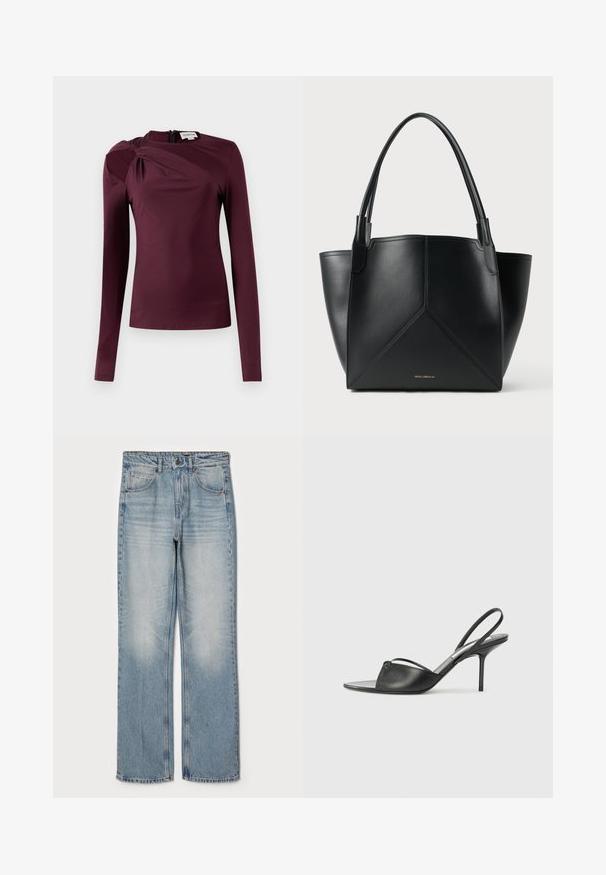 Dugi rukav u dubokom burgundcu, s zavijenim dizajnom na ramenu i zatvaranjem na zatvarač na leđima. Glatka, rastezljiva tkanina s oblikom koji se prilagođava.; Svijetloplave traperice ravnog kroja s visokim strukom, pet džepova i suptilnim istrošenjem na bedrima i koljenima.; Crne kožne sandale sa otvorenom petom, s izduženim nosom, tankim remenom oko gležnja i stiletto potpeticom. Imaju čvorasti detalj na prednjem delu.; Crna kožna torba s geometrijskim dizajnom, koja ima dva ručka i zlatni brend na prednjem dijelu. Glatka tekstura i strukturirani oblik.