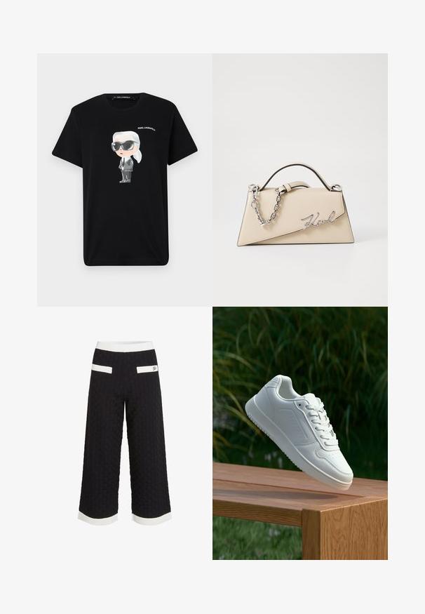 Svart bomull t-skjorte med grafikk av en tegneseriefigur i grått og hvitt, som har solbriller og dress på seg, med "KARL LAGERFELD" trykket over.; Sorte, kort bukser med et teksturert, vevd mønster. Har hvite aksentstriper ved livet og kanten, samt to baklommer.; Hvite sneakers med en glatt syntetisk overdel, perforert tåboks, flate snørebånd og en teksturert såle, vist på en treflate.; Beige lærveske med en strukturert, trekantet form, som har et sølvfarget kjedehåndtak og en skrifttype-logo i metall.