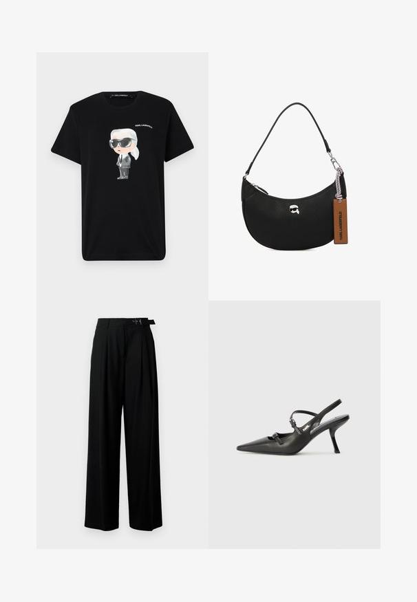 Svart bomull t-skjorte med grafikk av en tegneseriefigur i grått og hvitt, som har solbriller og dress på seg, med "KARL LAGERFELD" trykket over.; Svarte vide bukser med høy livlinje, folder foran og belte med spenne. Laget av glatt, lett materiale.; Sorte skinn slingback-hæler med spiss tå, slank hæl og dekorativ spenne detalj på vampsiden. Glatt tekstur og stilrent design.; Svart skinnveske med pebble-tekstur, buet form, glidelås på toppen, sølvfarget hardware og en brun etikett. Inkluderer logo-akkenter.