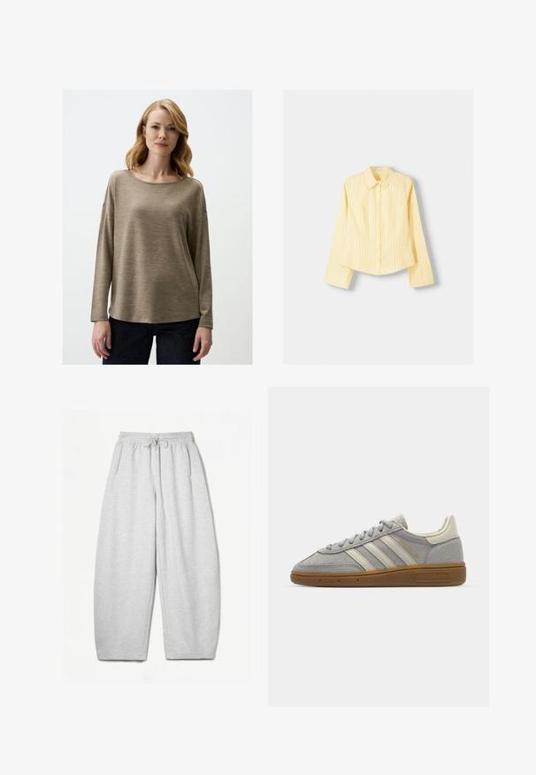 Lange mouwen, zachte beige top met een ronde halslijn en een ontspannen pasvorm. Gladde textuur en minimale stikseldetails, gecombineerd met donkere spijkerbroeken.; Geel gestreept overhemd met lange mouwen, puntige kraag en knoopsluiting aan de voorkant. Beschikt over verticale blauwe strepen en een getailleerde pasvorm.; Lichtgrijze sweatpants met een ontspannen pasvorm, elastische tailleband, trekkoord en zijzakken; gemaakt van zachte, gestructureerde stof.; Grijze suède sneakers met lichtgrijze leren strepen en een gomrubberen zool. Kenmerken zijn een vetersluiting en subtiele branding op de tong.