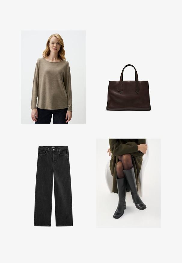 Maglietta a maniche lunghe di un morbido beige con scollatura arrotondata e vestibilità comoda. Tessuto liscio e dettagli di cucitura minimi, abbinata a jeans scuri.; Jeans in denim nero a gamba larga con un sottile motivo a righe verticali, dotati di cinque tasche e una chiusura a bottone classica in vita.; Stivali neri in pelle alti fino al ginocchio con punta squadrata e tacco a blocco, mostrati con un modello seduto in un cappotto verde oliva. Texture liscia, dettagli minimi.; Borsa a spalla in pelle marrone con due manici lunghi, forma rettangolare strutturata, texture liscia e dettagli di cucitura sottili.